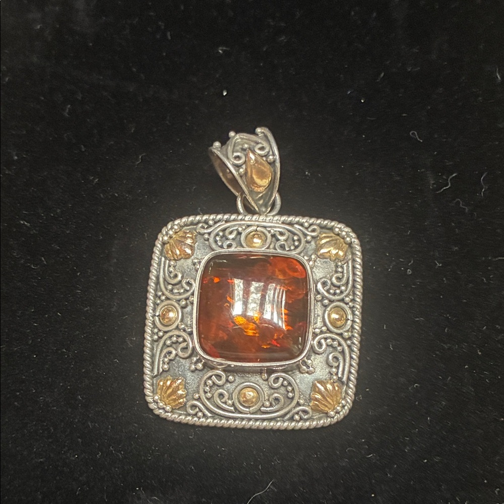 Elegant .925 Silver and 18K Gold accents Pendant with Large Amber Stone